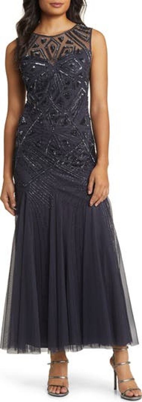 Pisarro Nights Elegant Slate Geometric Beaded Gown Size 14